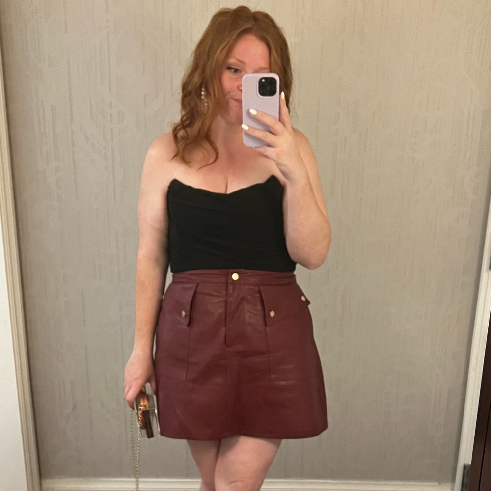 Zara XL Maroon/Red Leather Like Mini Skirt with gold buttons